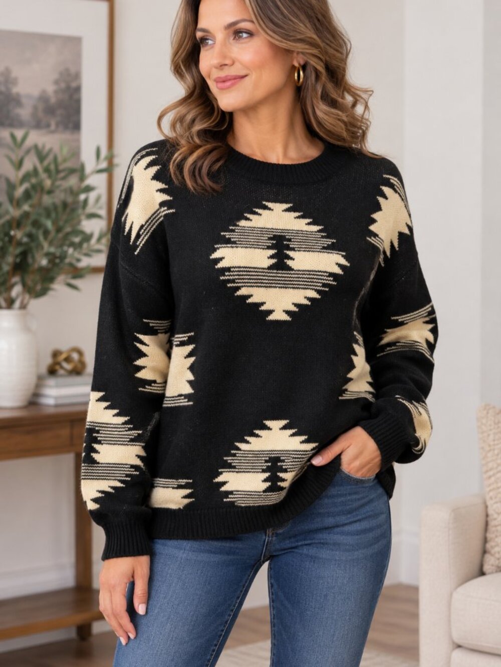 Sterling Kreek S Black Tan Southwestern Aztec Knit Sweater Western Cowgirl